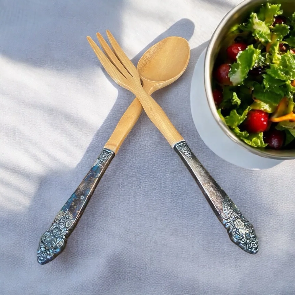 Vintage MCM Teak Wood & Sterling Silver Repousse Salad Serving Set 11.25